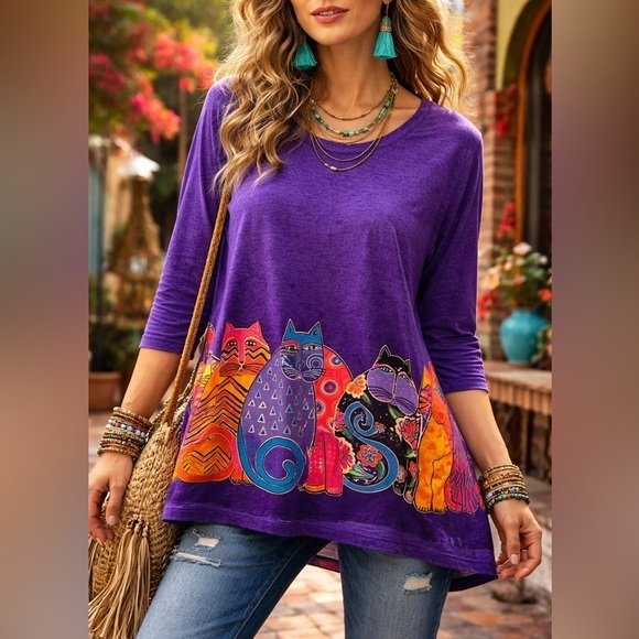 Laurel Burch Tops - Laurel Burch Cat Art Top XXL Purple Colorful Whimsical 2015 Deadstock NWT